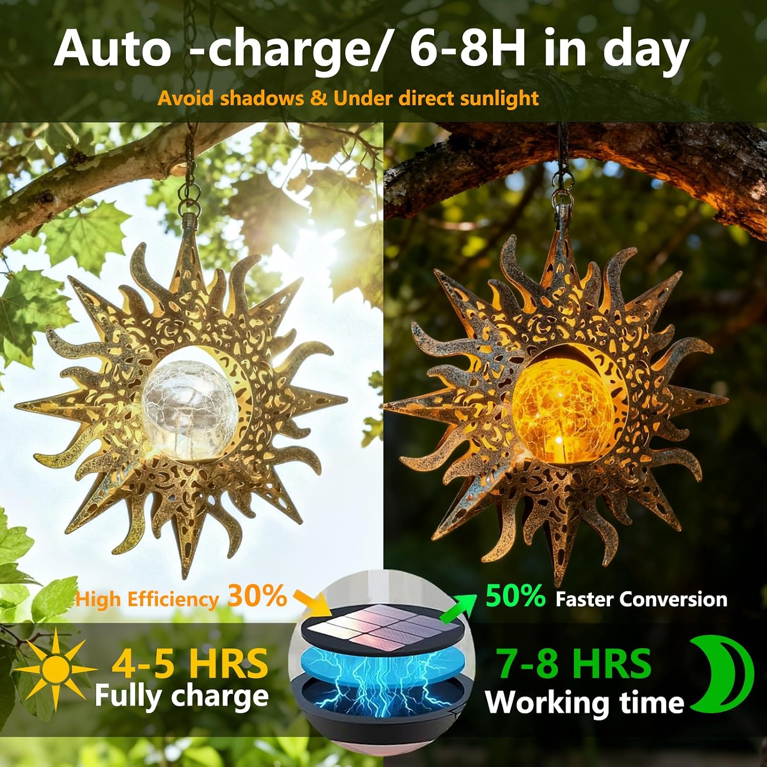 Thumbnail 3 de Solar Sun Hanging Lantern, 7.9-Inch Metal