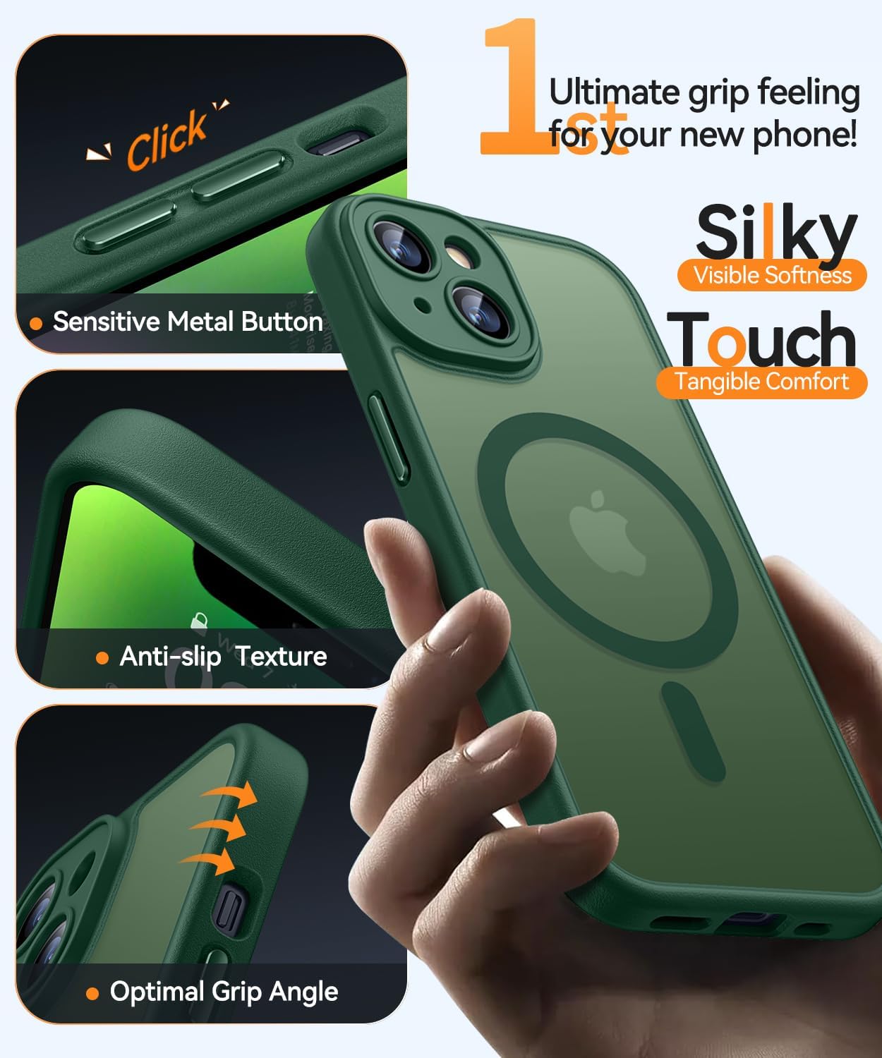 Detalle de CANSHN Magnetic Case for iPhone 14 (6.1") — Deep Green, Full Camera Protection, MagSafe Compatible