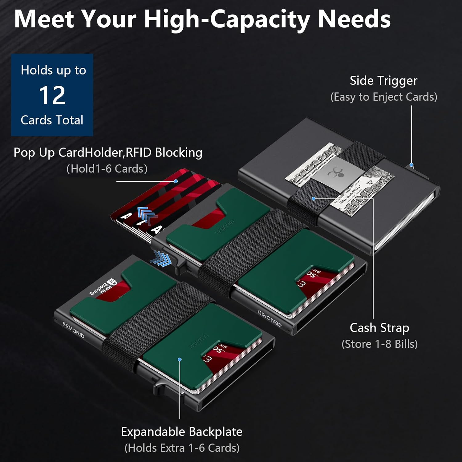 Thumbnail 4 de SEMRID Slim Aluminum Card Holder Wallet holds 12+ cards 💼
