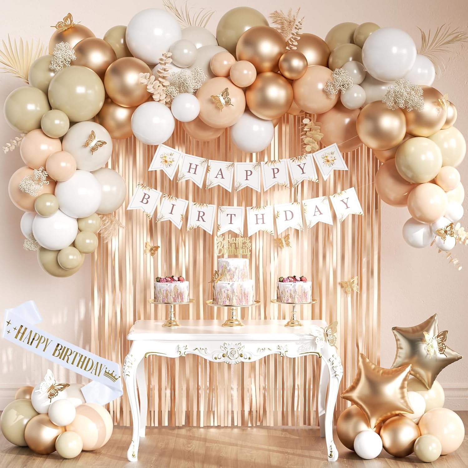 Detalle de Geburtstagsdeko Beige Champagner Gold Set mit Happy Birthday Banner, Schärpe, Luftballons & Deko-Vorhang