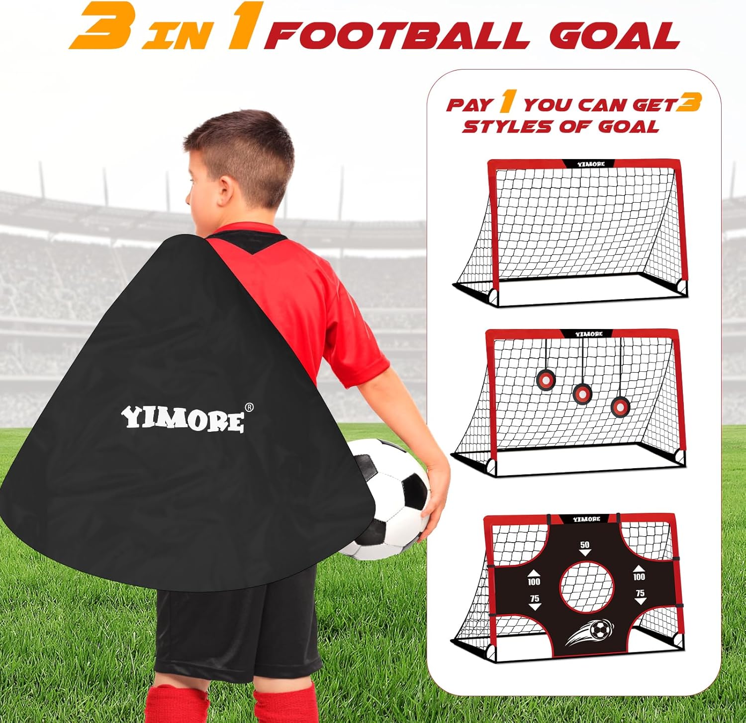 Detalle de Yimore Porta Calcio Bambini 3 in 1 pieghevole con borsa 120×90×90 cm