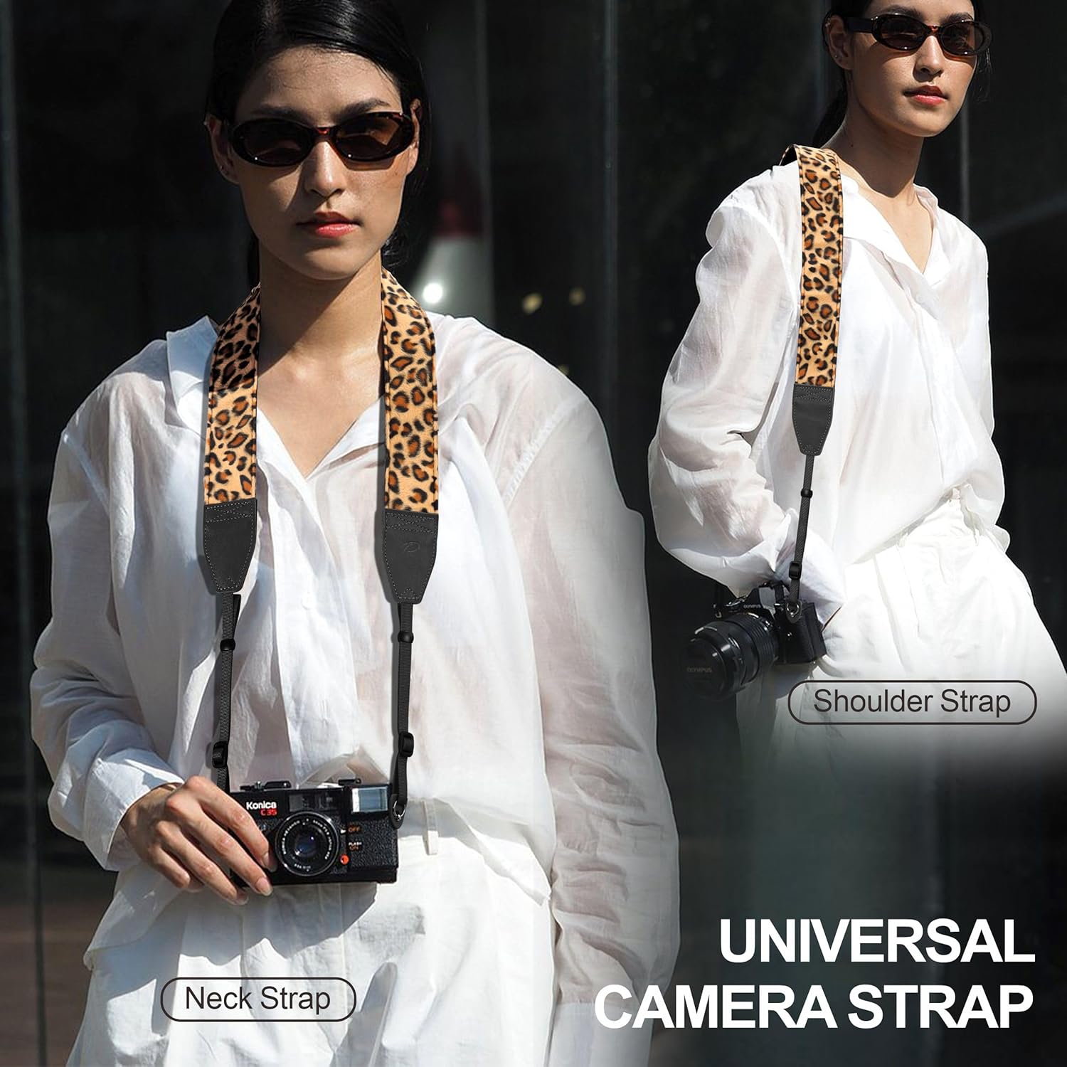 Detalle de Padwa Lifestyle Leopard Print Velvet Camera Strap – 2" Double Layer Full Grain Cowhide Head, Adjustable 32–61
