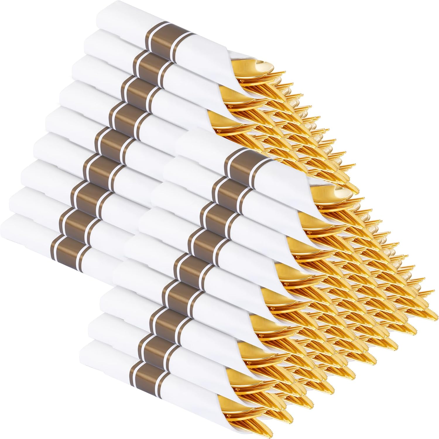 Detalle de Supernal 100 Pack Gold Plastic Silverware with Napkins – Pre-Rolled & Wrapped, Heavy Duty Gold Disposable Utensils Set
