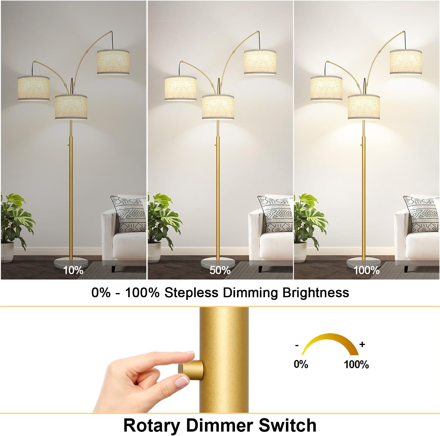 Detalle de Nintiue Dimmable Arc Floor Lamp, 3 Lights, Marble Base, Gold Finish