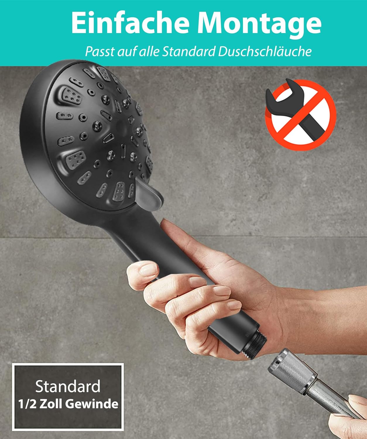 Detalle de BLUMBACH Duschkopf schwarz wassersparend „Aqua Joy“ mit 8 Strahlarten und druckerhöhender Wirkung