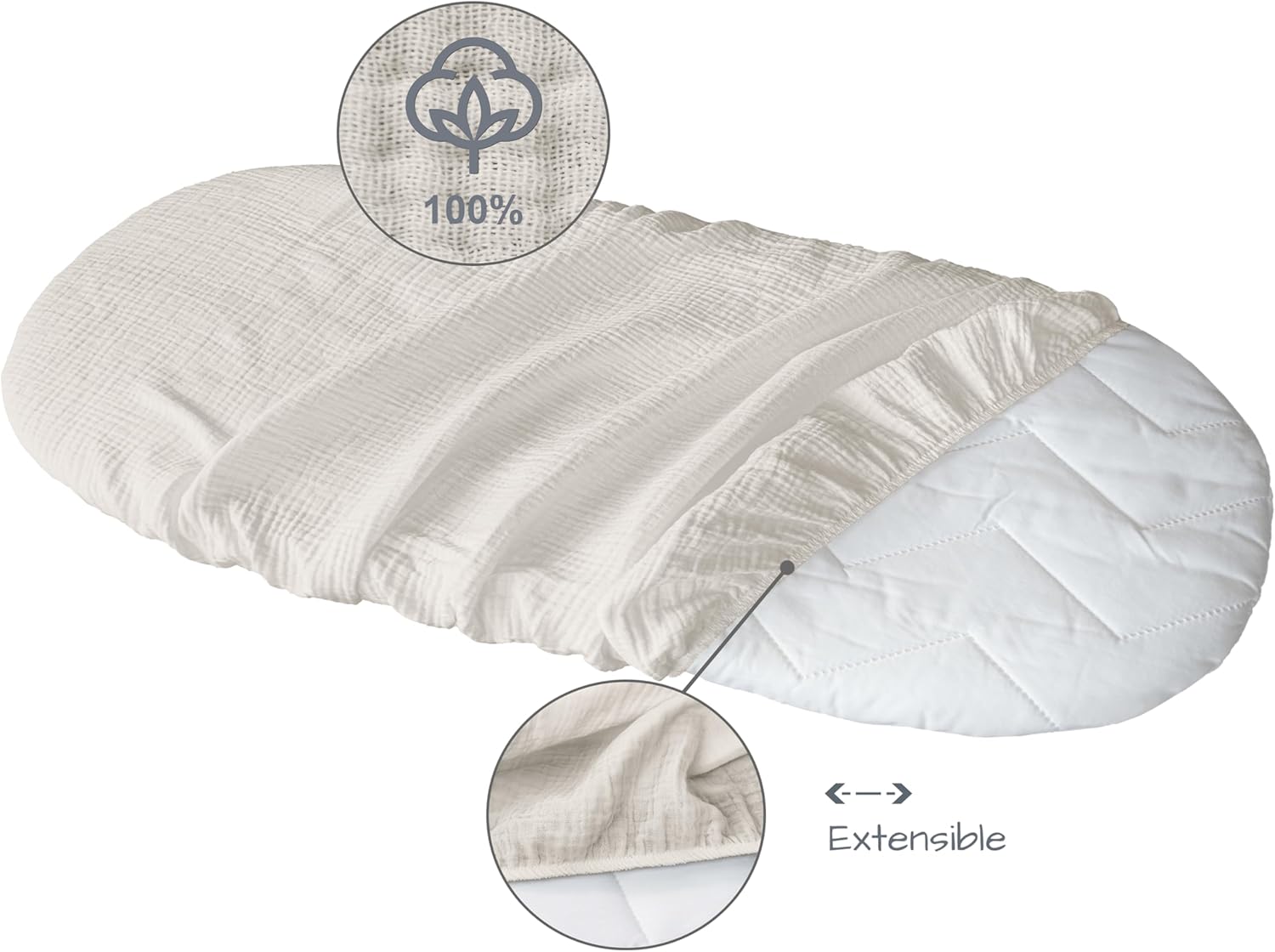 Detalle de Medi Partners Drap Housse Nacelle 86x40cm – Lot de 3 (Beige/Blanc/Gris) en coton mousseline 140 g