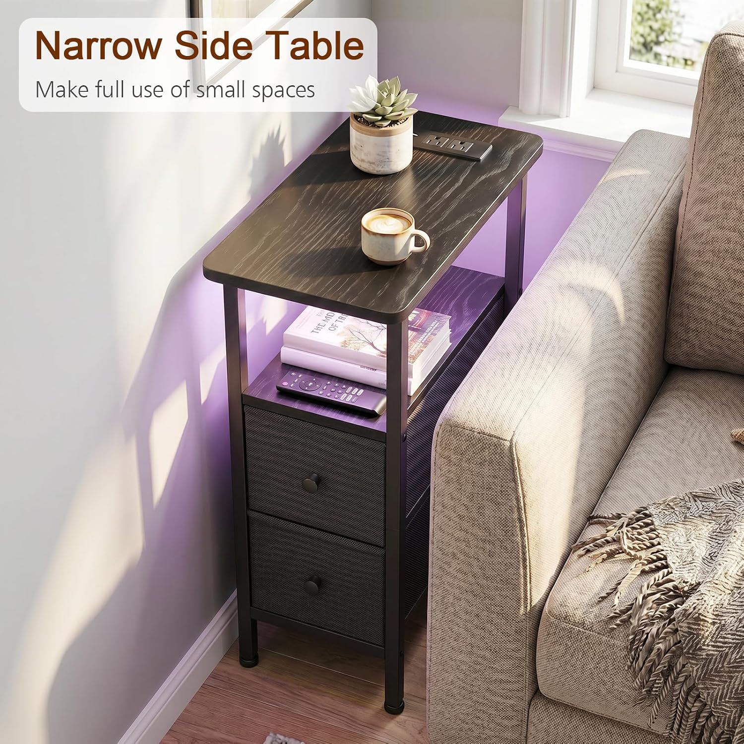 Detalle de LOAKEKEL HETNDP02L Narrow End Table with Charging Station, LED Light and Drawers