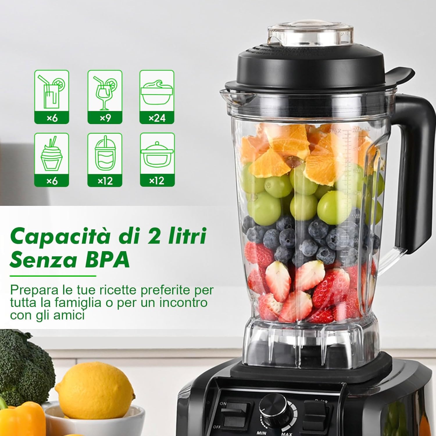 Thumbnail 1 de Kitchen in the box Frullatore Professionale 1500W da banco da 2L (2 HP), 8 lame, regolazione velocità, nero