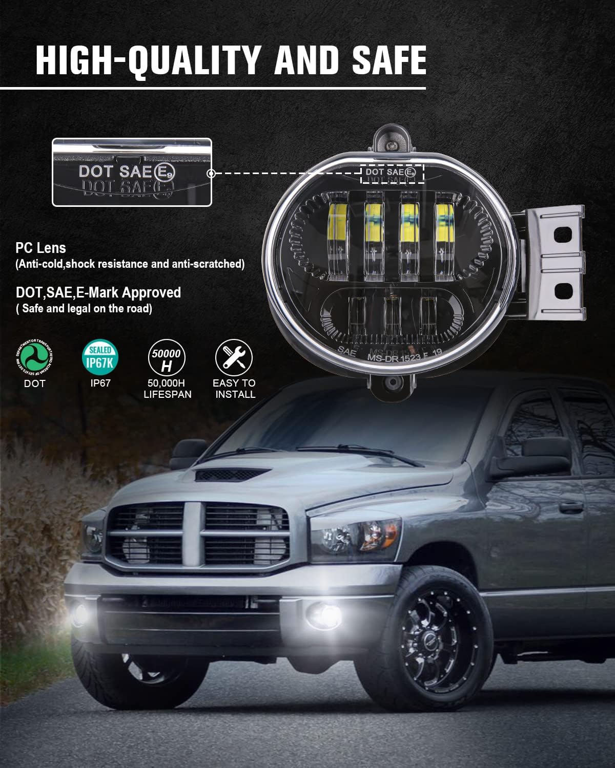 Detalle de BICYACO New Version LED Fog Light Pair for Dodge Ram 1500/2500/3500 (2002-2009) - Black