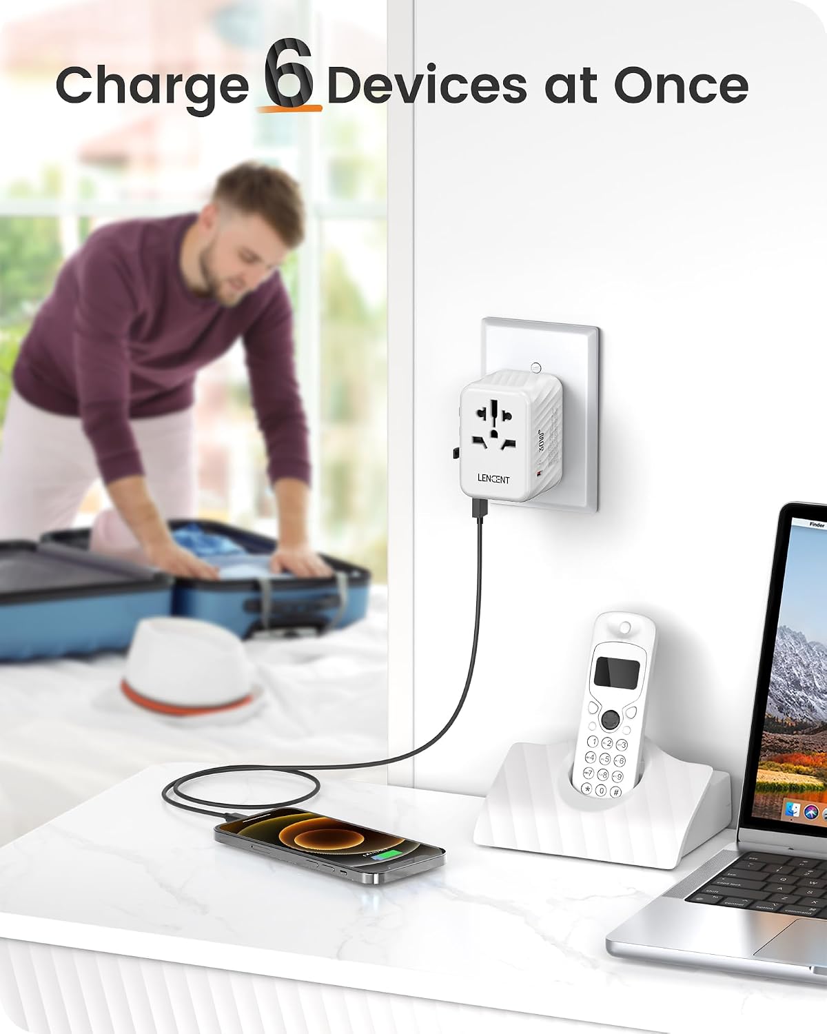 Detalle de LENCENT Adaptateur de Voyage Universelle – Prise 6-en-1 30W avec 3 USB-C et 2 USB-A