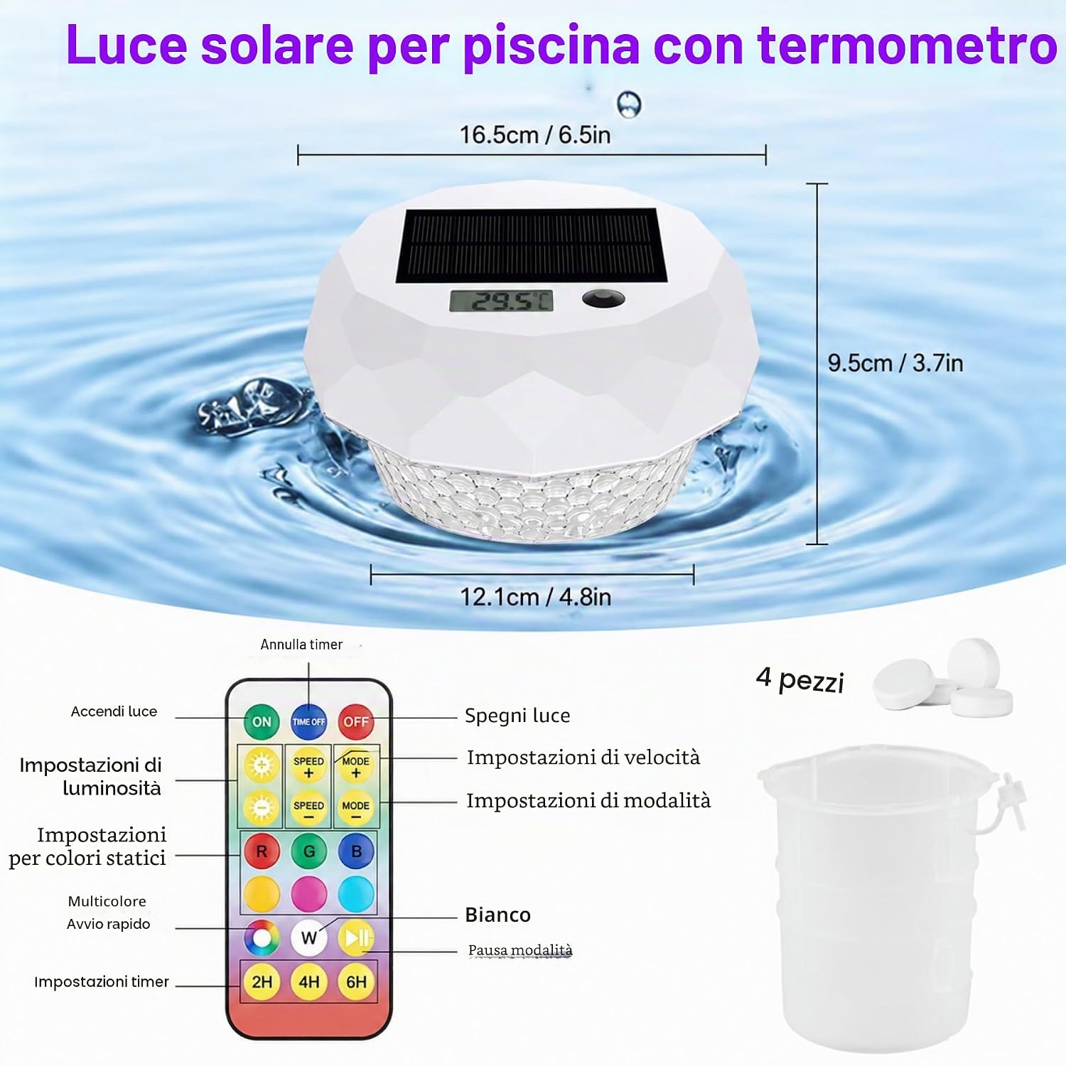 Thumbnail 6 de Termometro Digitale Solare per Piscina – Galleggiante con Display, 8 Effetti Luminosi e Dosatore di Cloro, IP68