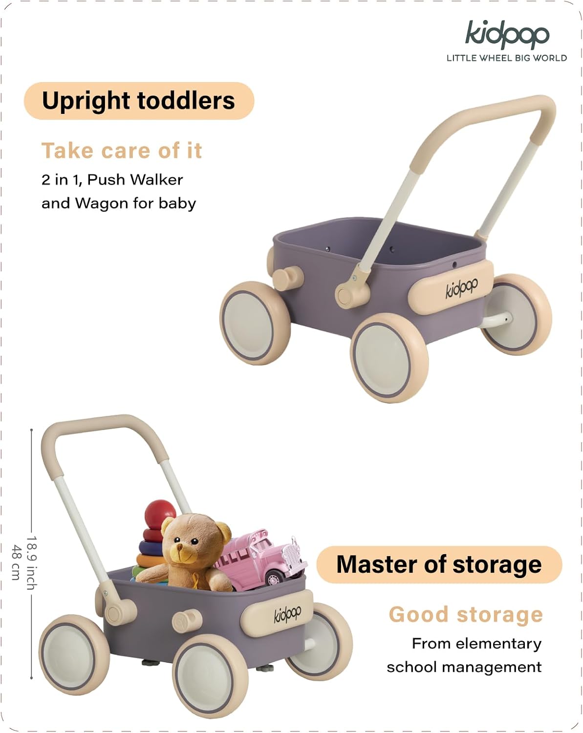 Detalle de Kidpop PULA Push & Pull Walker Wagon (Purple) – 2-in-1 baby walker and toddler wagon for 7 months–3 years