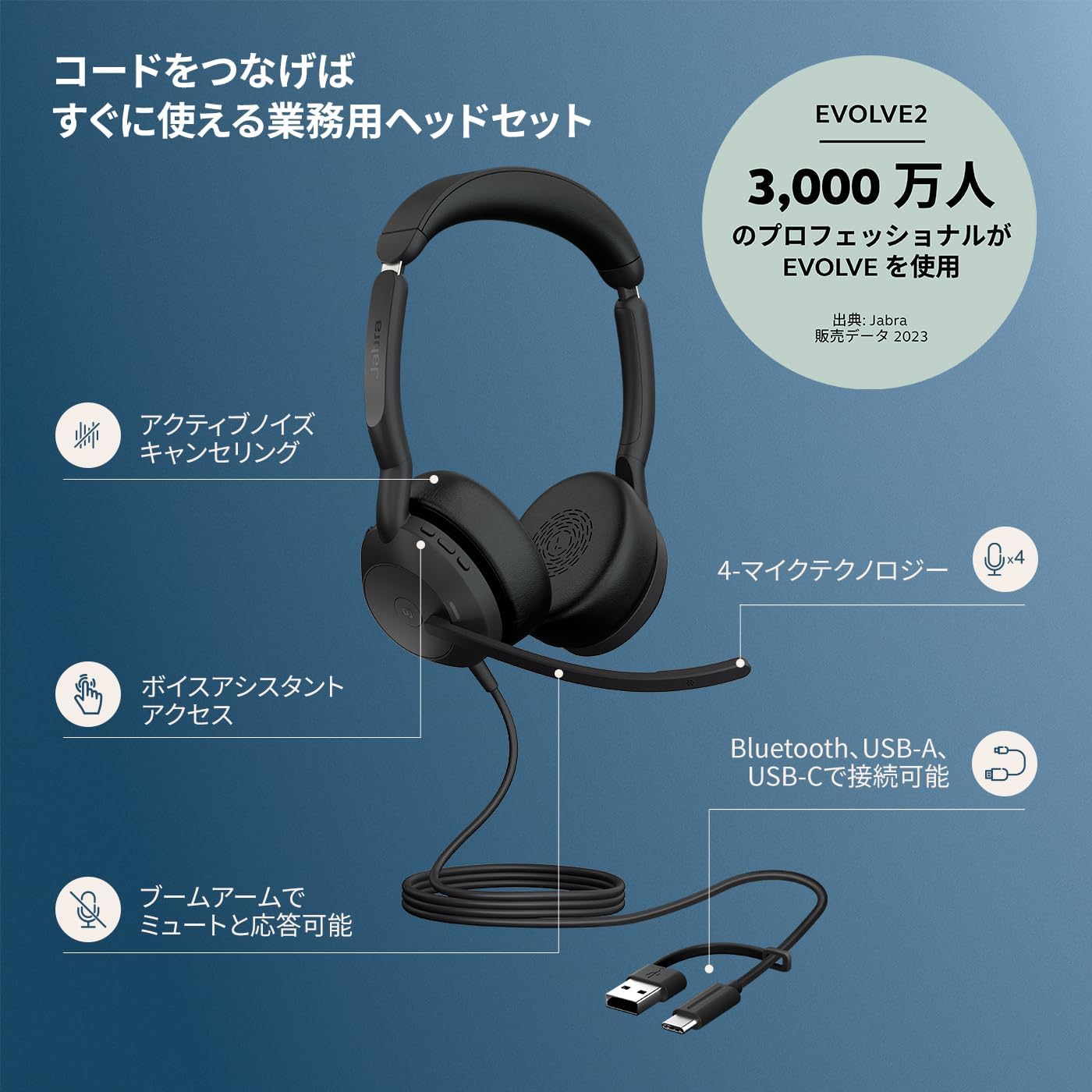 Detalle de Jabra Evolve2 50 UC Stereo 25089-989-799 有線ヘッドセット USB-C/A対応・ANC搭載