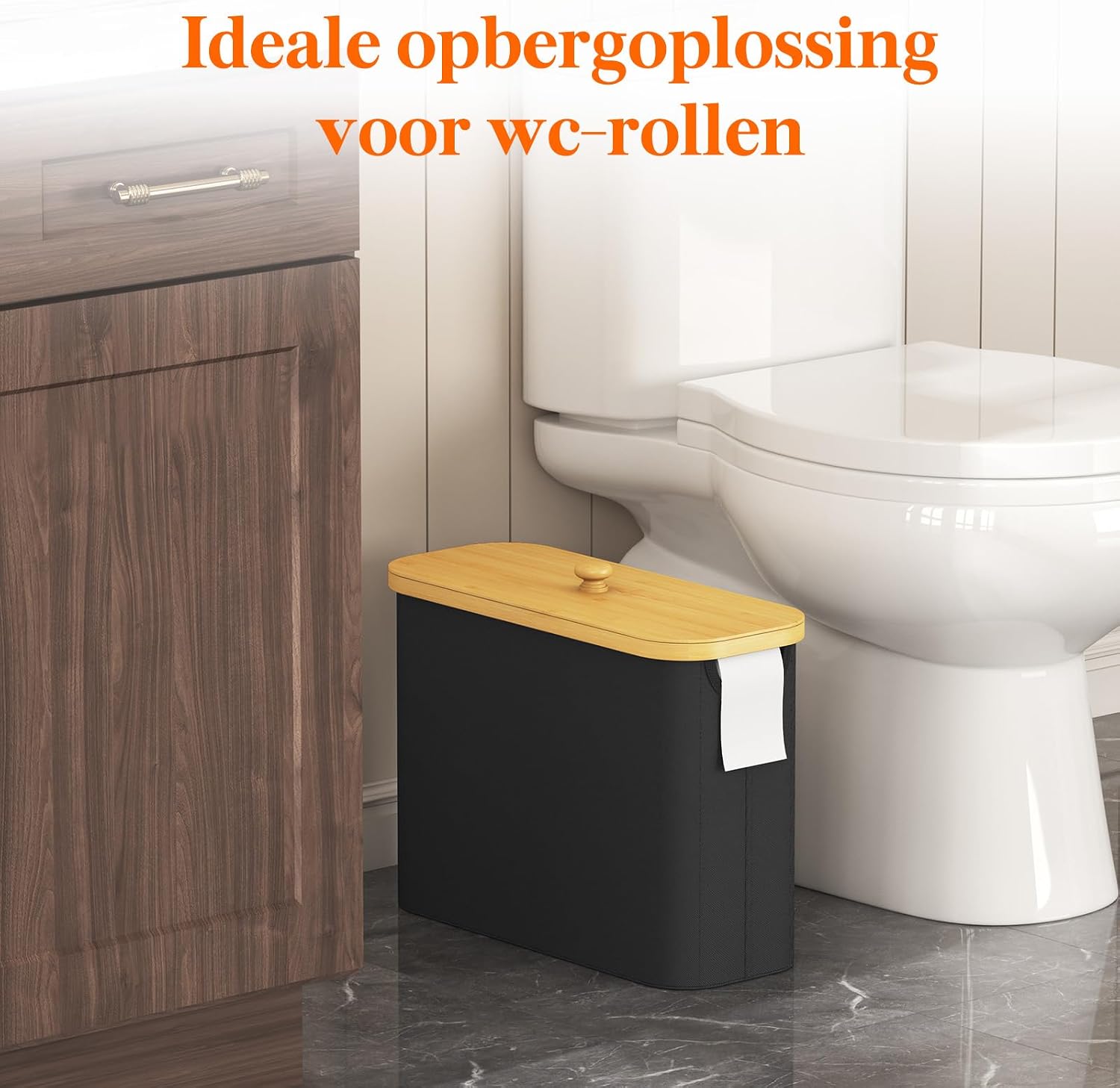 Detalle de Lifewit 23225 toiletpapiermand van bamboe, 23L, zwart met deksel