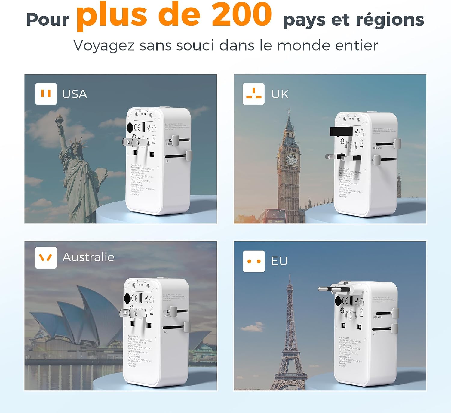 Detalle 2 de TESSAN Adaptateur Prise Universelle PD 70W – 5 en 1, Compact et Polyvalent pour Voyage