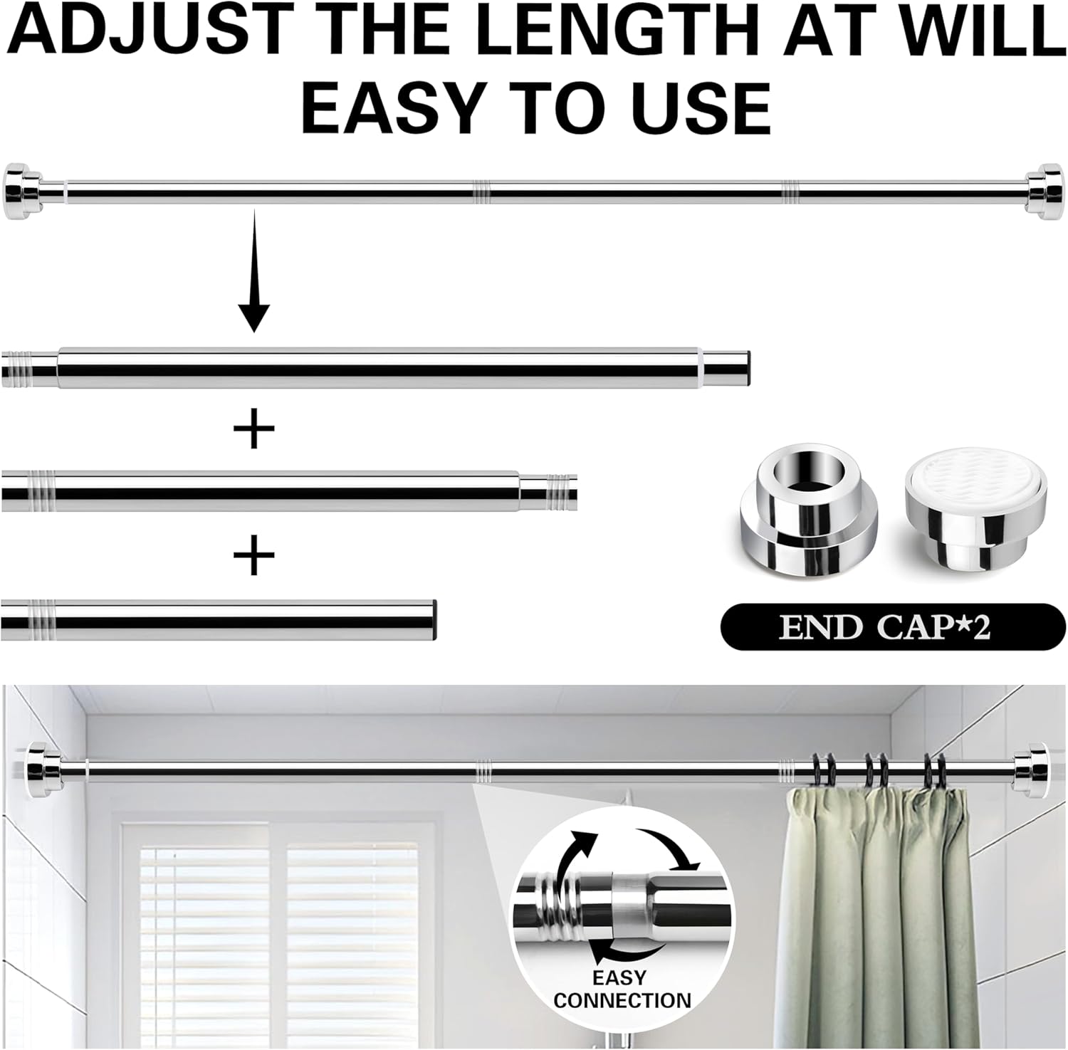 Thumbnail 2 de KIAMXNE Stainless Steel Extendable Shower Curtain Rod Tension Pole (72cm-136cm) with 2 Holders and Net Voile Curtain Rail