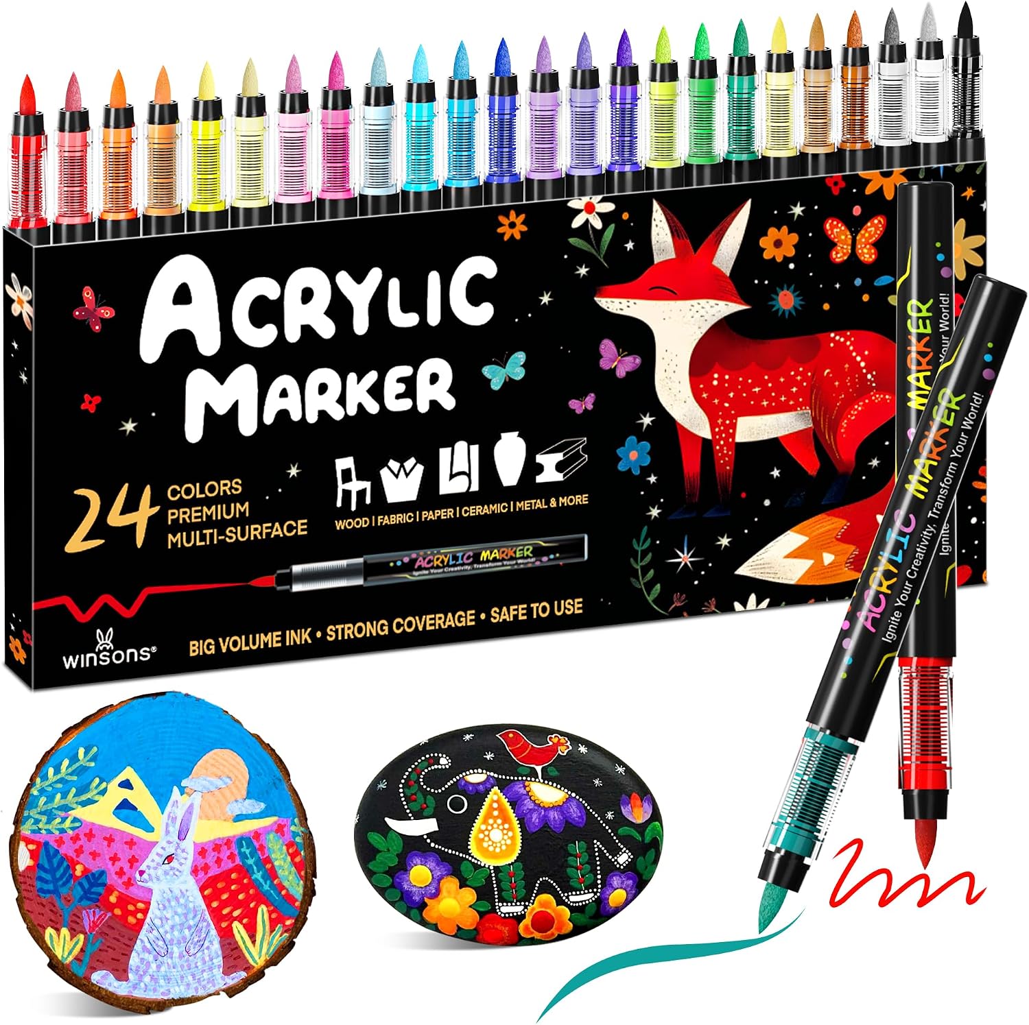 Detalle de WINSONS Colouring Pens – 24 Acrylic Paint Pens with Brush Tip (waterproof, non-toxic)