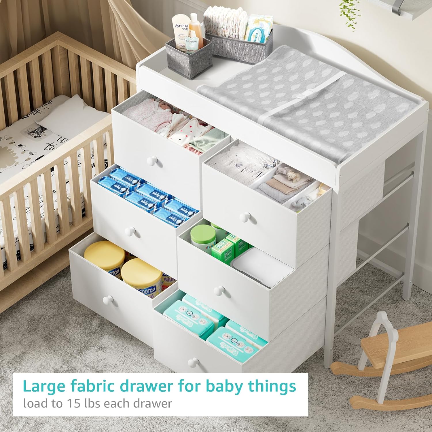 Detalle 2 de BOLUO CT6-W White Changing Table Dresser with 6 Fabric Drawers