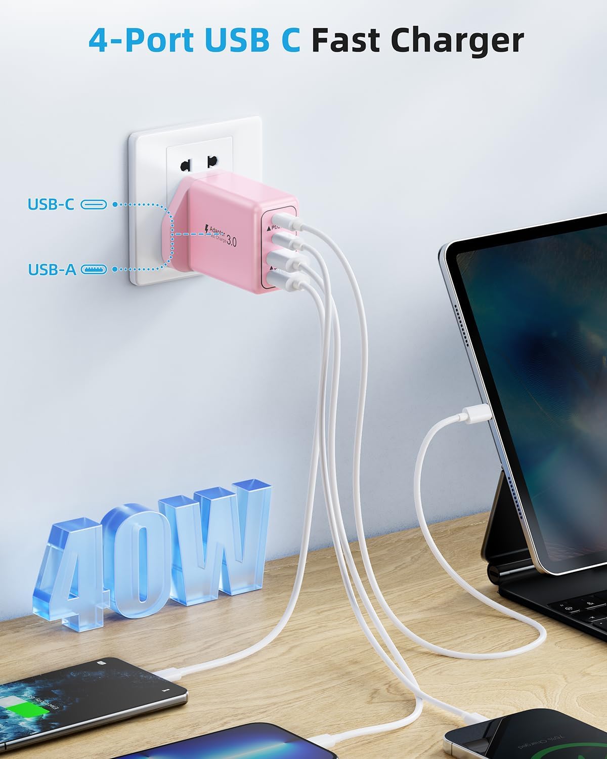Thumbnail 2 de 2-Pack USB C Plug Fast Charge: 40W 4-Port UK Charger Plug (Dual USB-C & USB-A)