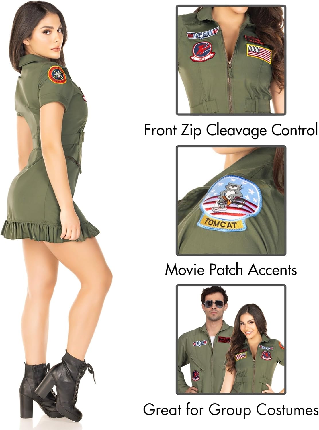 Detalle de Leg Avenue Top Gun Flight Dress Costume for Women, Khaki with Interchangeable Badges