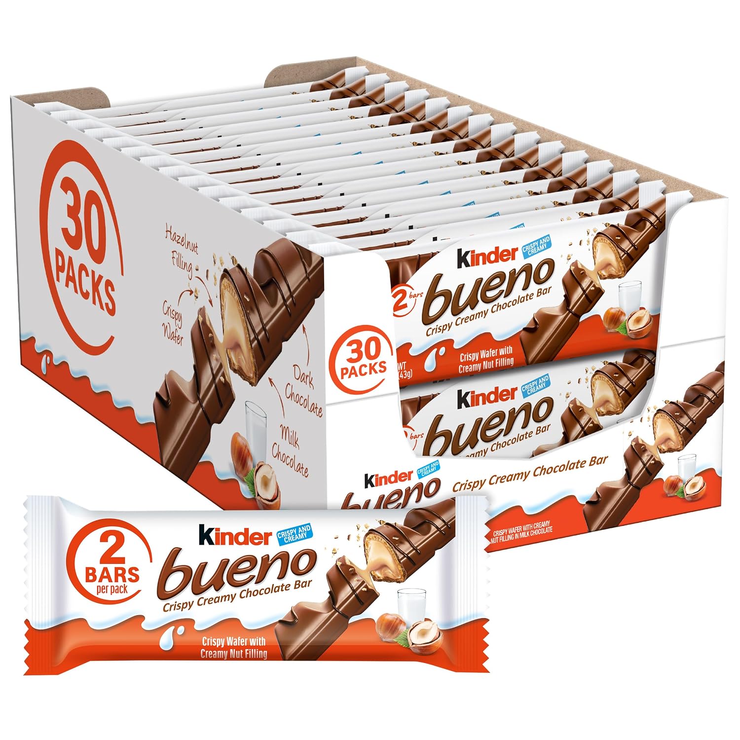 Detalle de Kinder Bueno 10009800552020 Milk Chocolate Bars, 30 Individually Wrapped Packs