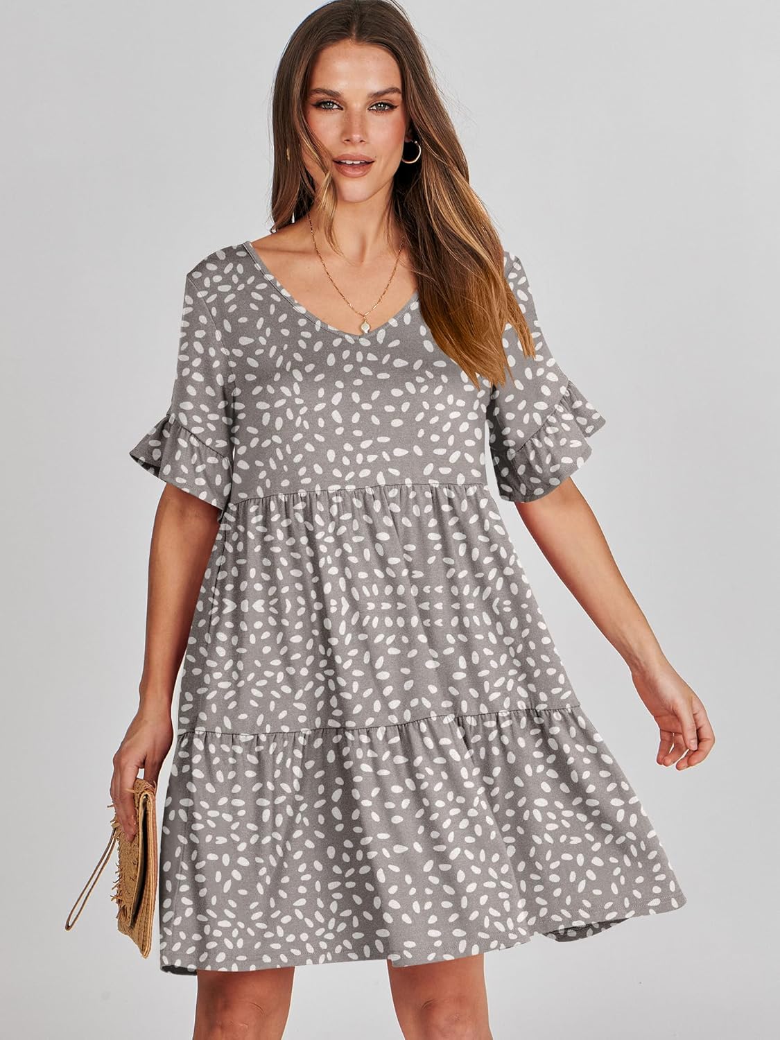Thumbnail 1 de ANRABESS Women's Summer 2026 V-Neck Ruffle Sleeve A-Line Tiered Dress with Pockets