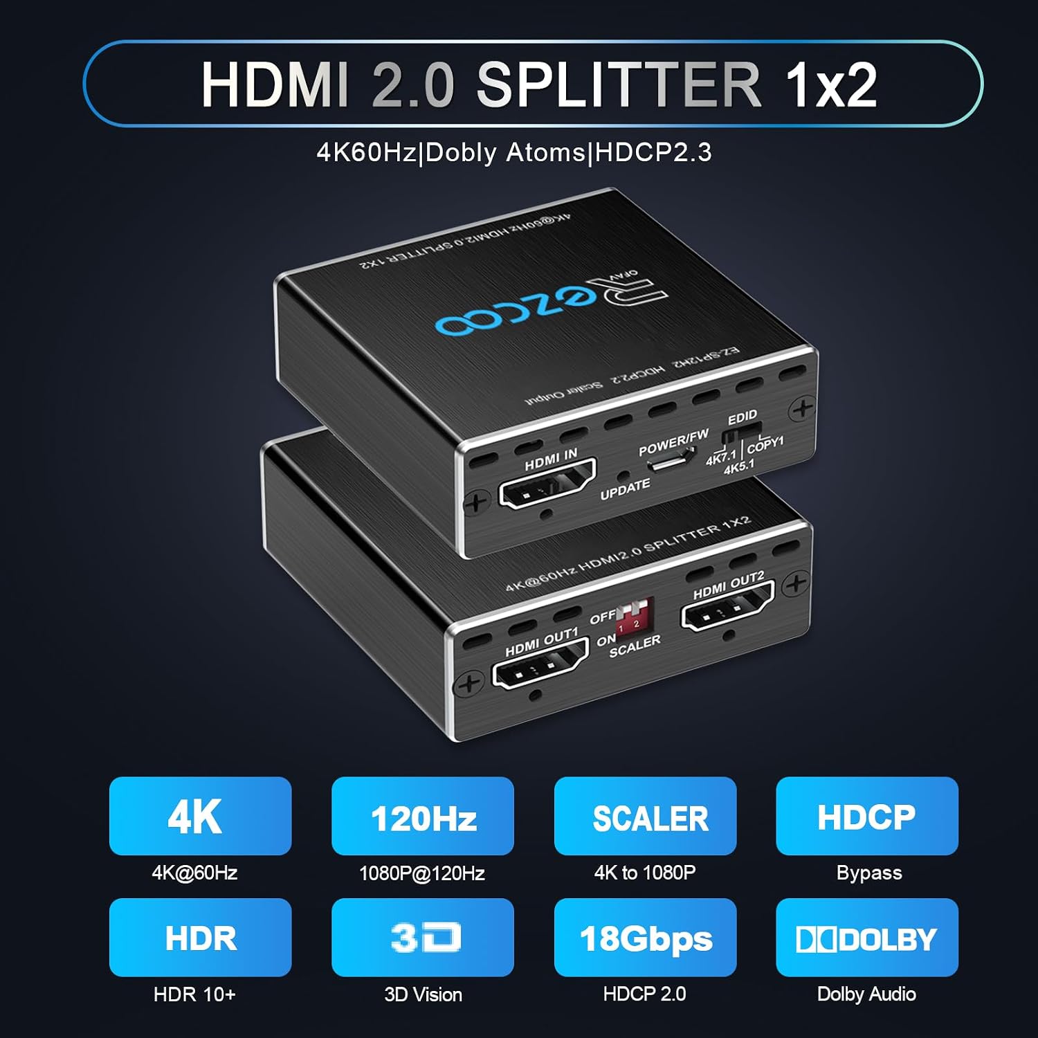 Thumbnail 2 de HDMI Splitter 4K 60Hz 1x2 para 1080p120Hz con HDCP y gestión EDID (HDMI 2.0, audio Dolby Atmos)