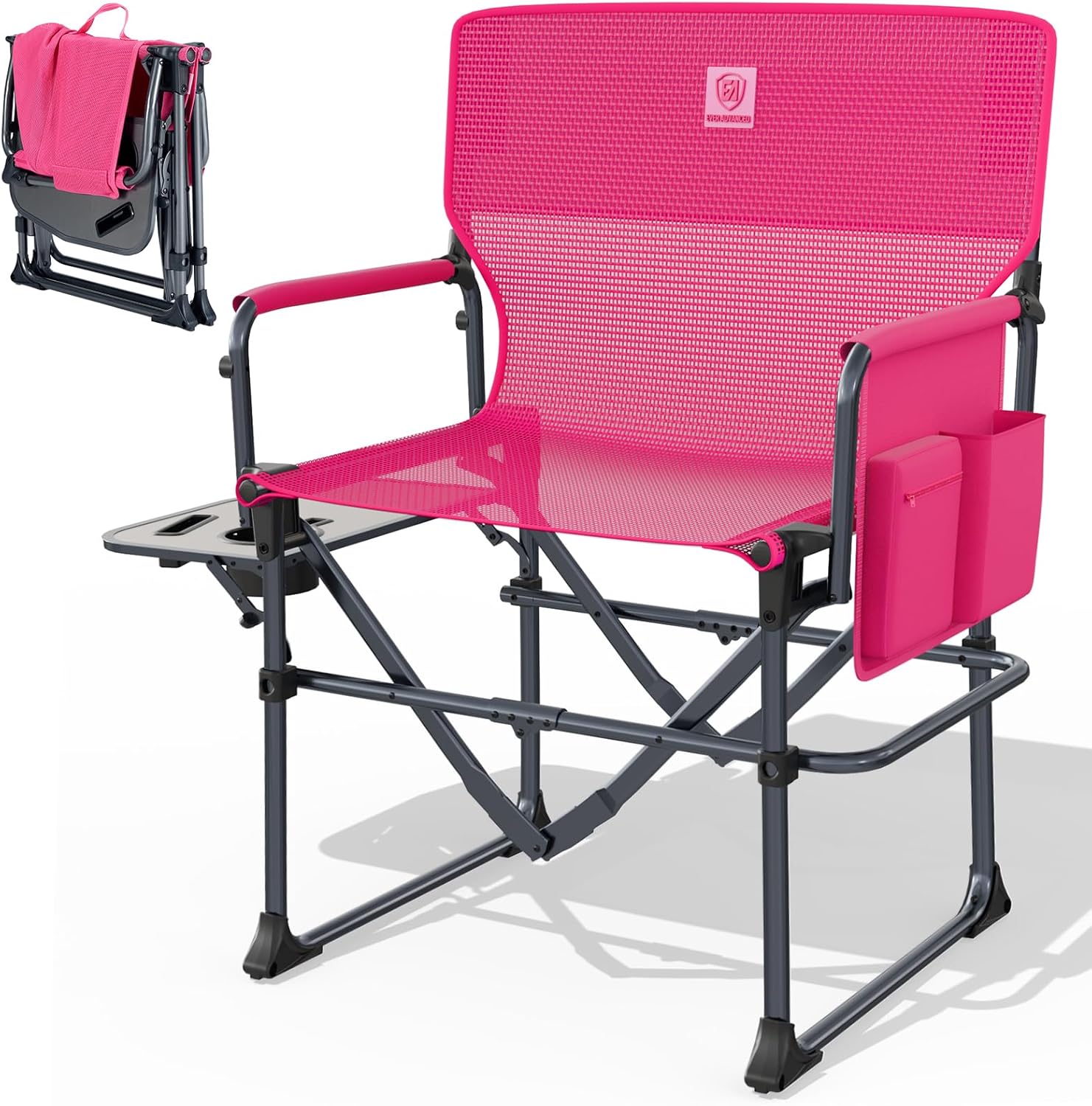 Detalle de EVER ADVANCED Camping Directors' Chair with Side Table – Portable Foldable, Textilene Mesh, 400 lbs, Pink