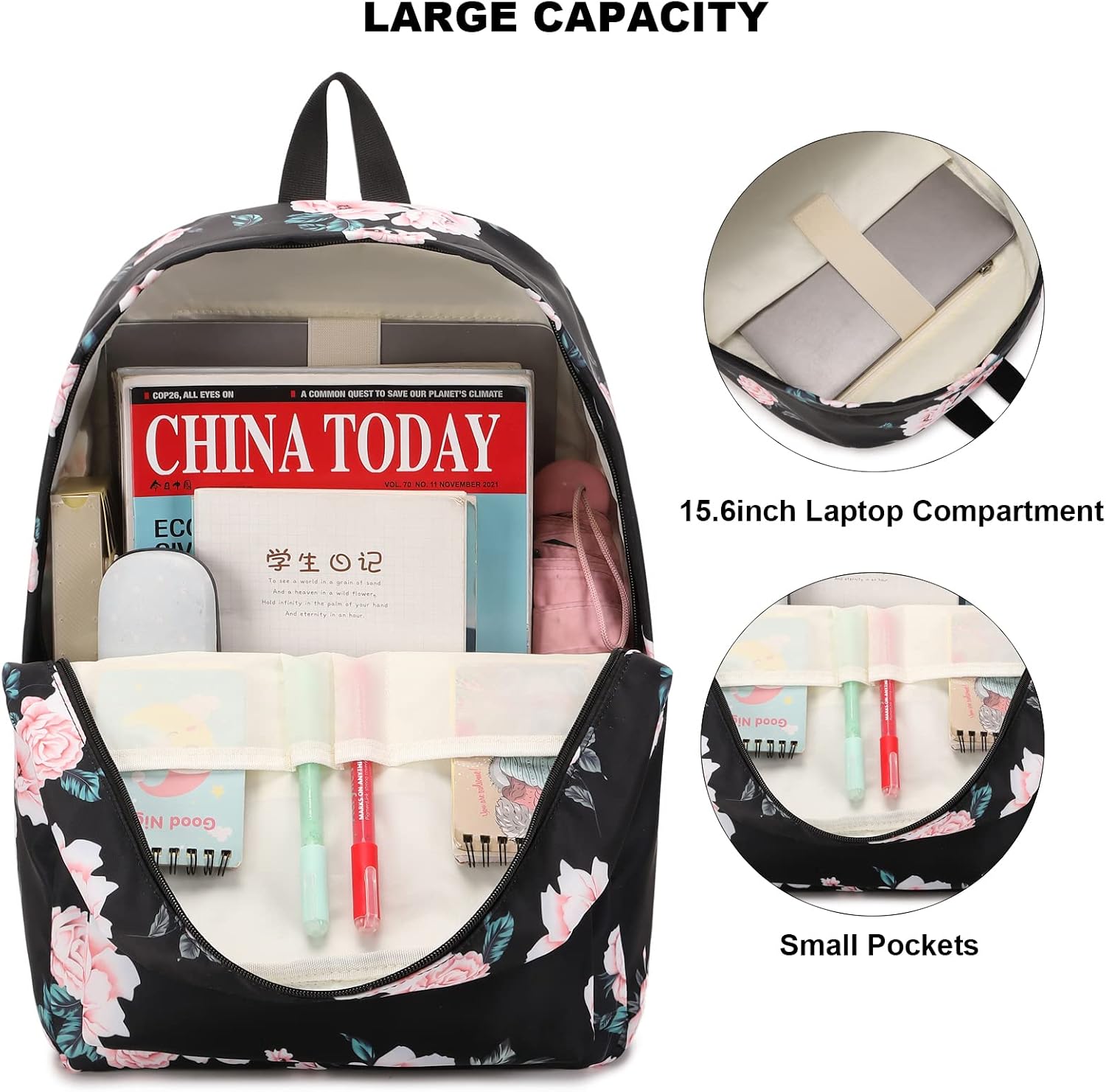 Detalle 2 de Floral School Backpack, Waterproof Polyester, Fits a 15.6-inch Laptop