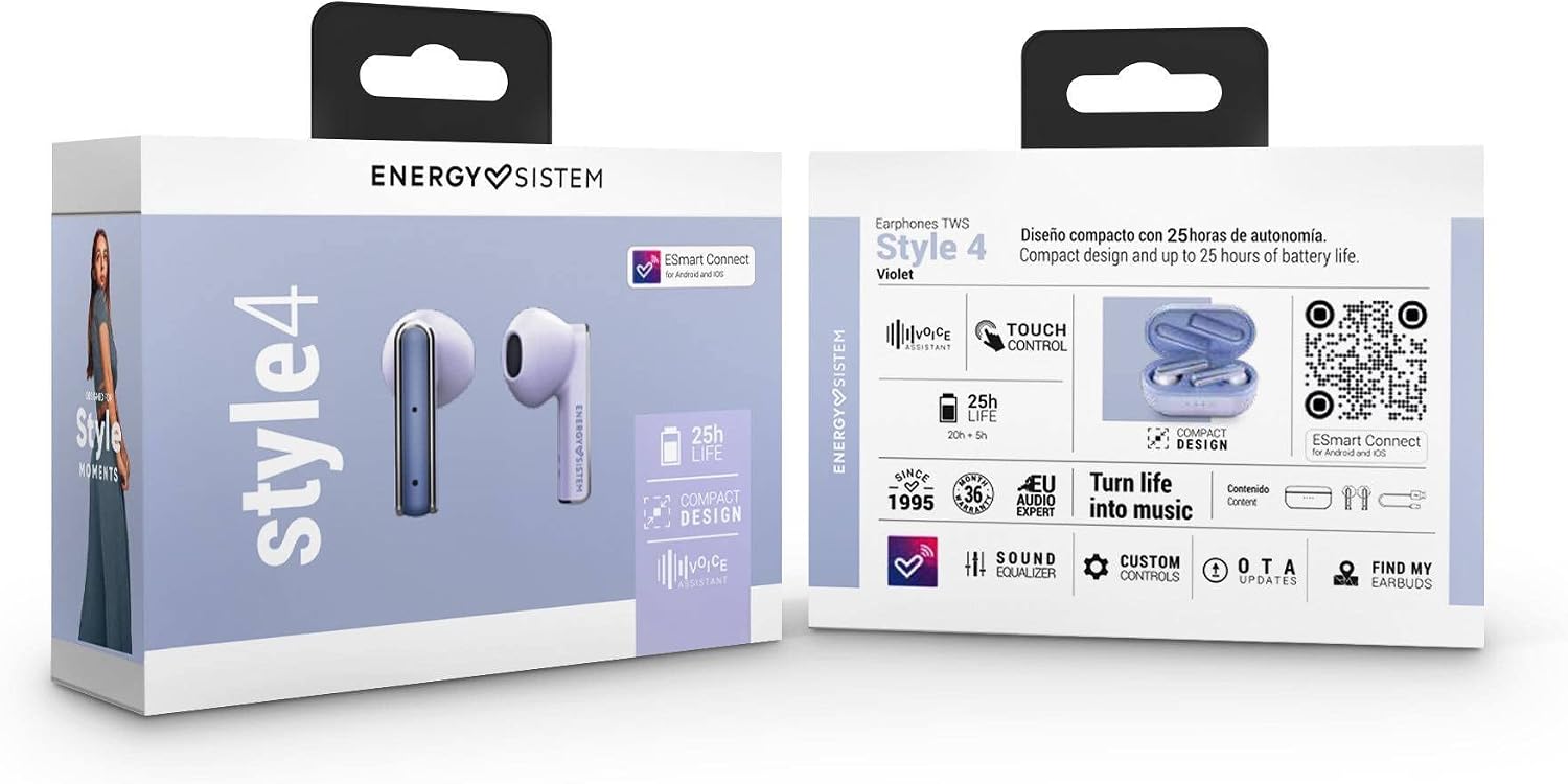 Detalle de Energy Sistem Style 4 – fioletowe słuchawki douszne Bluetooth 5.1 z etui