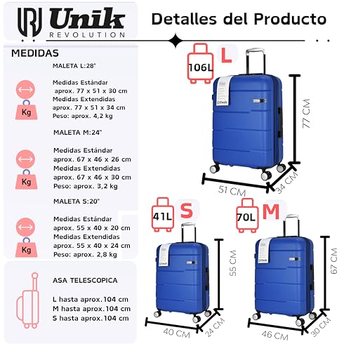 Detalle de Unik REVOLUTION: Juego de 3 Maletas Rígidas ABS con Expansión, 4 Ruedas 360° y Cerradura TSA (Cabina 55cm, Mediana 67cm, Grande 77cm) - Azul
