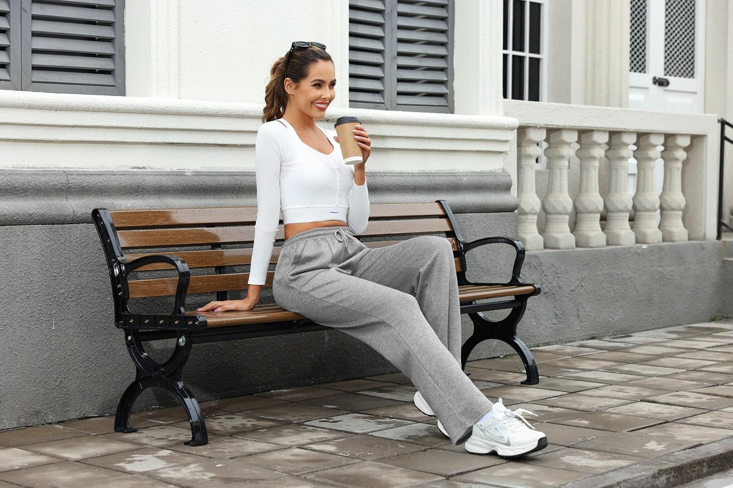 Detalle de Crewhpo Pantalon de jogging femme droit, taille haute et poches latérales
