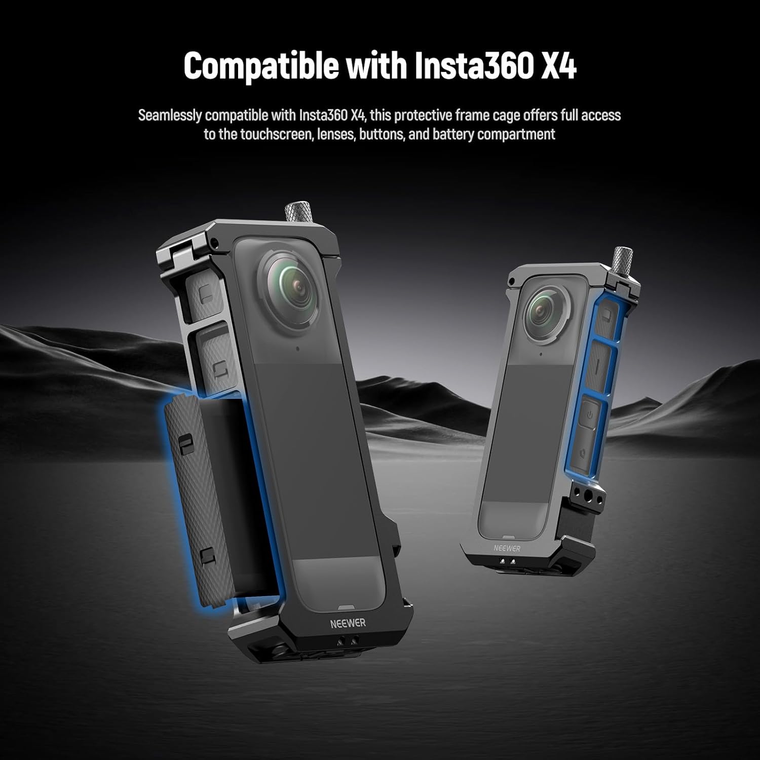Thumbnail 2 de NEEWER Camera Cage for Insta360 X4 — aluminium rig with quick release, 1/4" threads and lens cap
