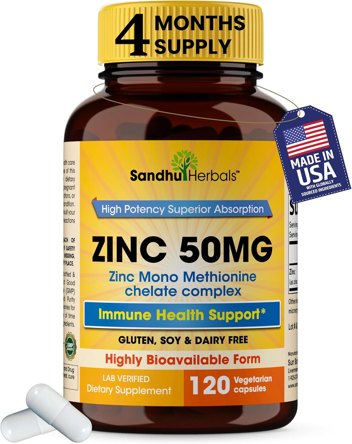 Detalle de SANDHUHERBALS Zinc Monomethionine 50 mg Capsules, 120 Count