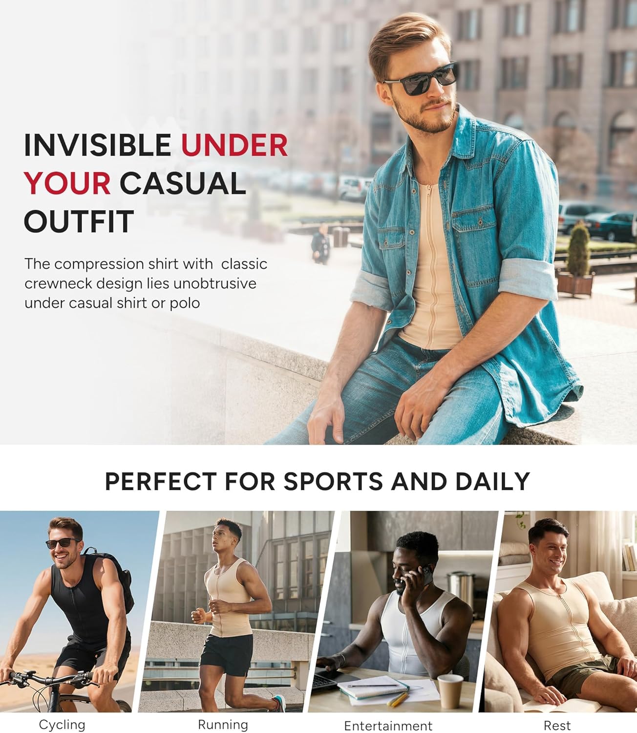 Thumbnail 2 de Junlan canotta compressione uomo con zip, modellante contenitiva e supporto posturale