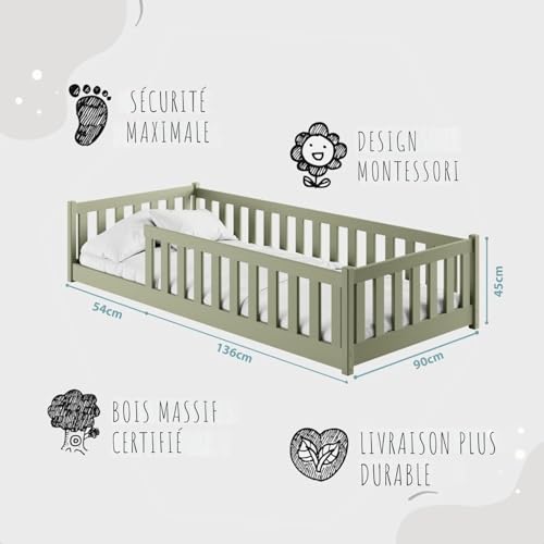 Thumbnail 2 de Lit au Sol 90 x 190 cm Kids Collective – Vert Olive, bois pin massif, protection anti-chute et sommier à lattes
