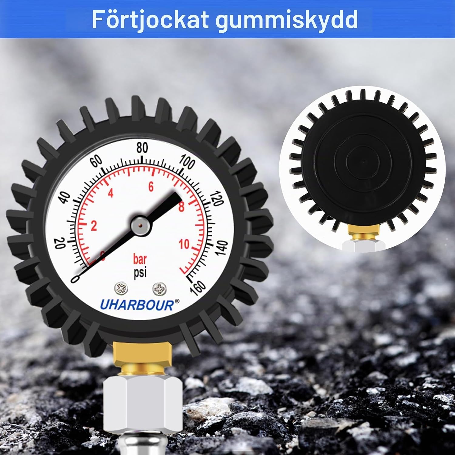 Detalle de Uharbour vattentrycksmätare med dubbelskala, 0–11 bar och 0–160 psi