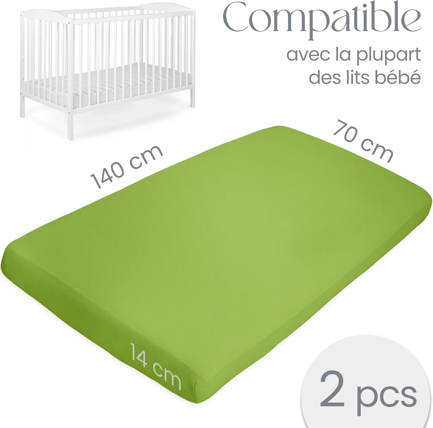 Thumbnail 3 de Drap Housse Comfier Sleep 70x140 Bebe – Lot de 2 en coton naturel 100% (Vert)