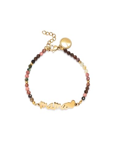 Detalle de SINGULARU Pulsera Mamá Heart Tourmaline: acero con baño 18K y piedras naturales