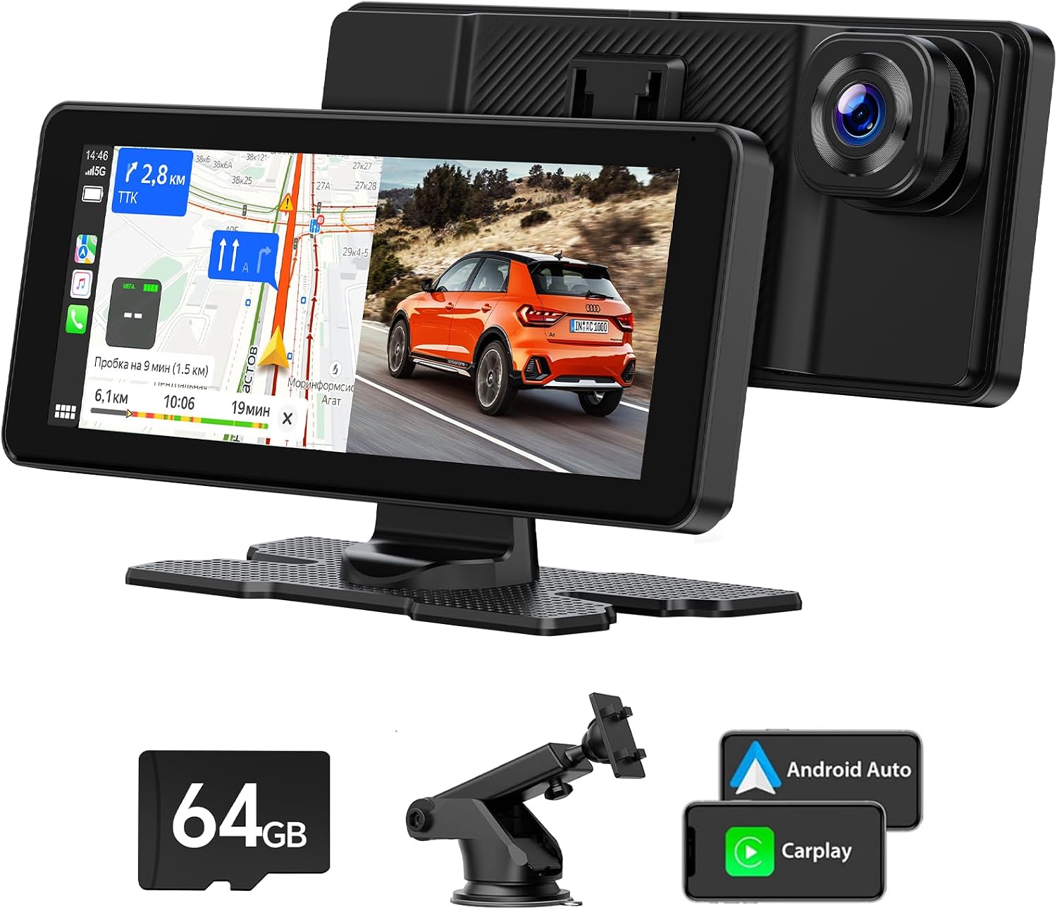 Detalle de LAMTTO Wireless Carplay Display mit Dashcam 2.5K – 6,86 Zoll | CarPlay & Android Auto, Tragbares Navi-Display