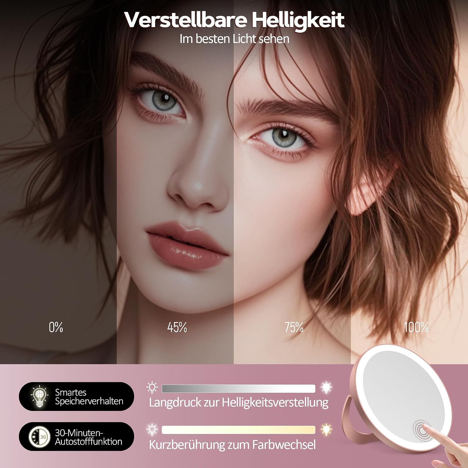 Detalle de MOMOKUBA Vergrößerungsspiegel mit Saugnapf, 30-fach & Beleuchtung (Roségold)