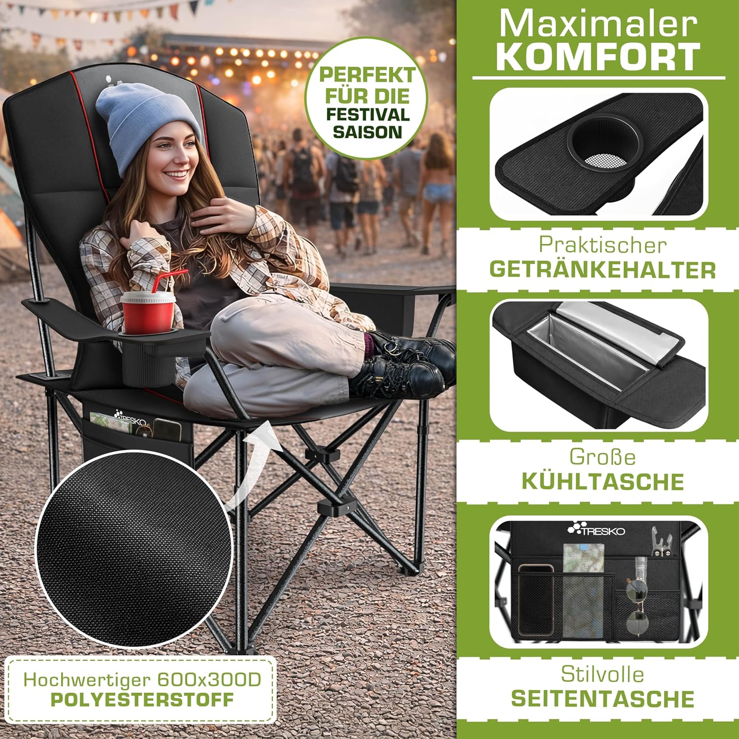 Thumbnail 4 de TRESKO Campingstuhl faltbar bis 200 kg mit Kühlfach, Getränkehalter & Seitentasche (XXL)