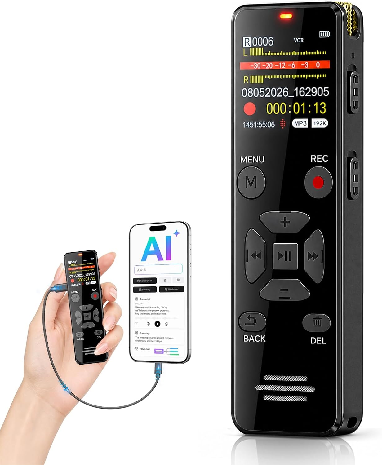 Detalle de EVISTR L359 Digital Voice Recorder, 128GB with AI Transcription and OTG