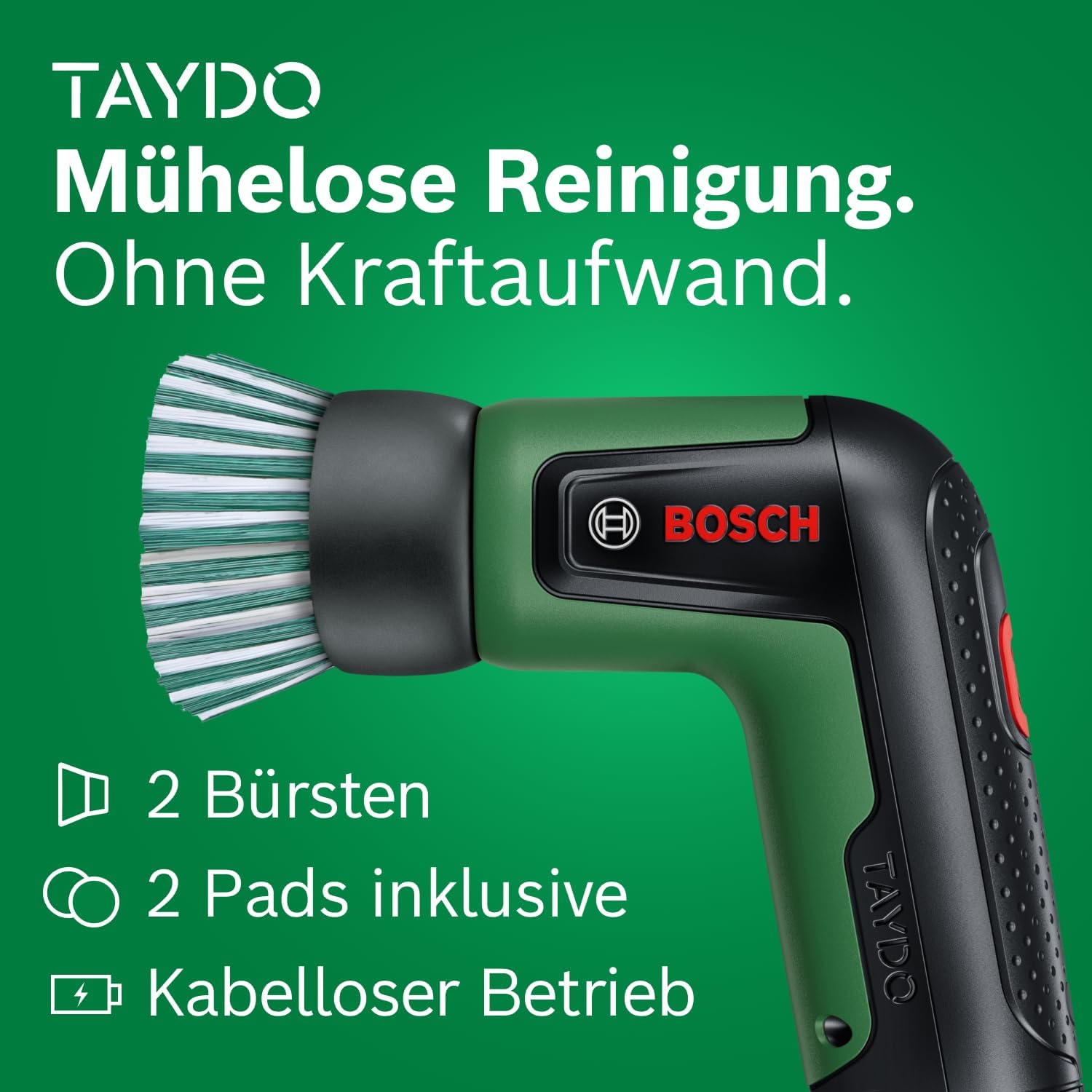 Detalle de Bosch TAYDO Akku-Reinigungsbürste – Vielseitige Reinigungslösung für Bad, Küche & Haushalt