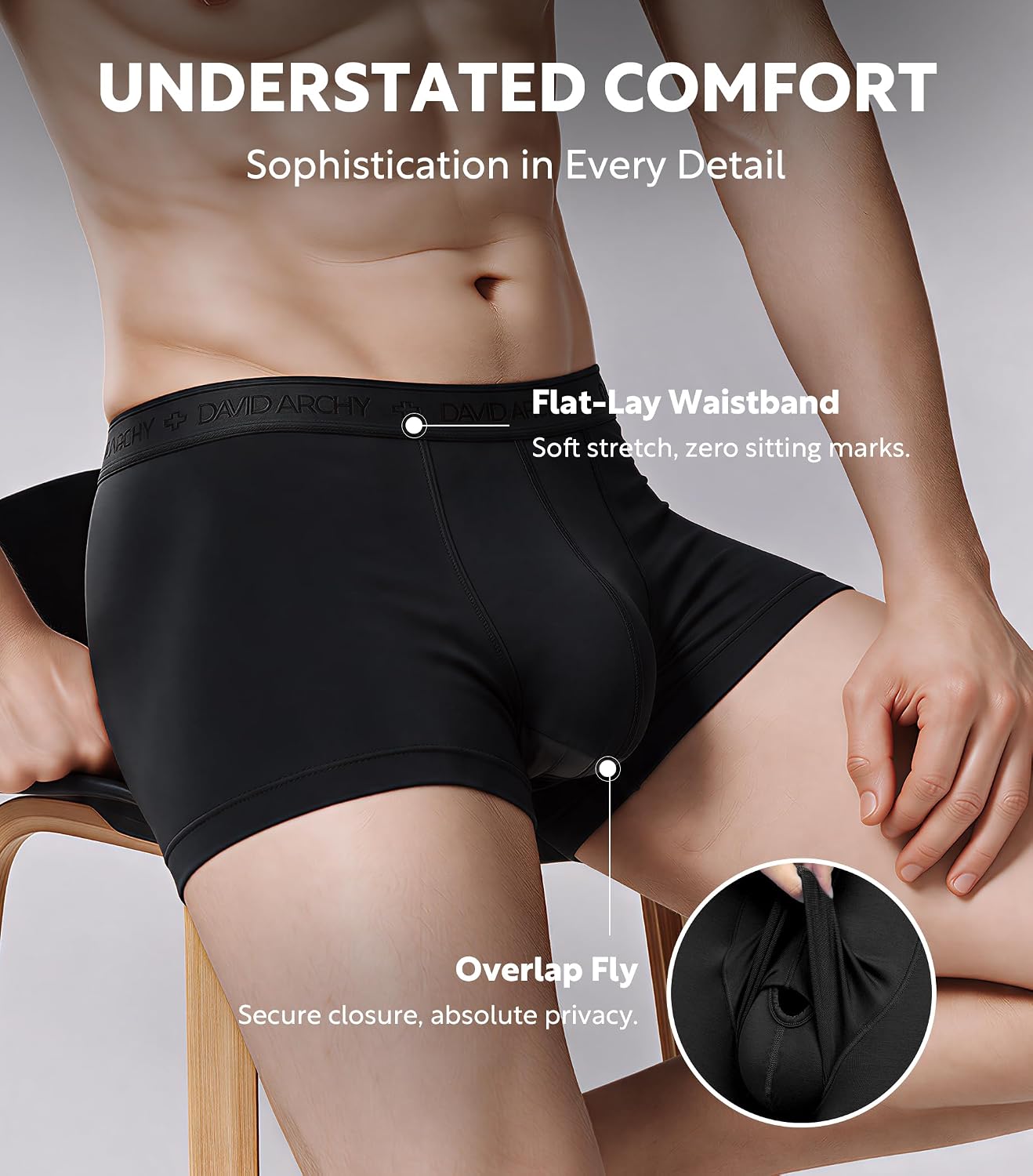Detalle de DAVID ARCHY Men's Modal Underwear Boxer Briefs & Trunks: Dual Pouch Support, Breathable Anti-Chafe Comfort