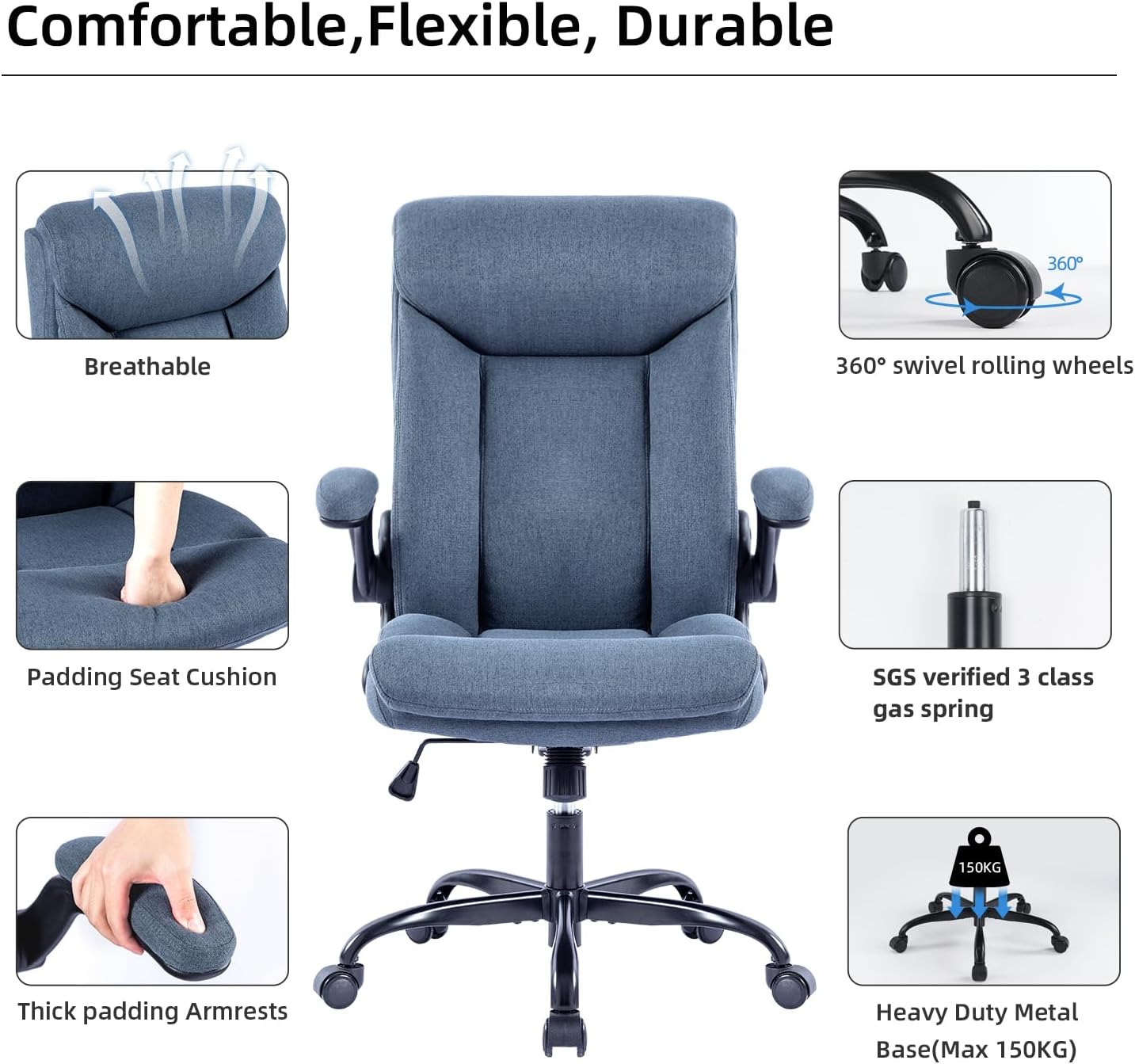 Thumbnail 6 de MZLEE Fabric Office Chair for Home Office – Ergonomic, 150kg, Flip-up Arms with Lumbar Support
