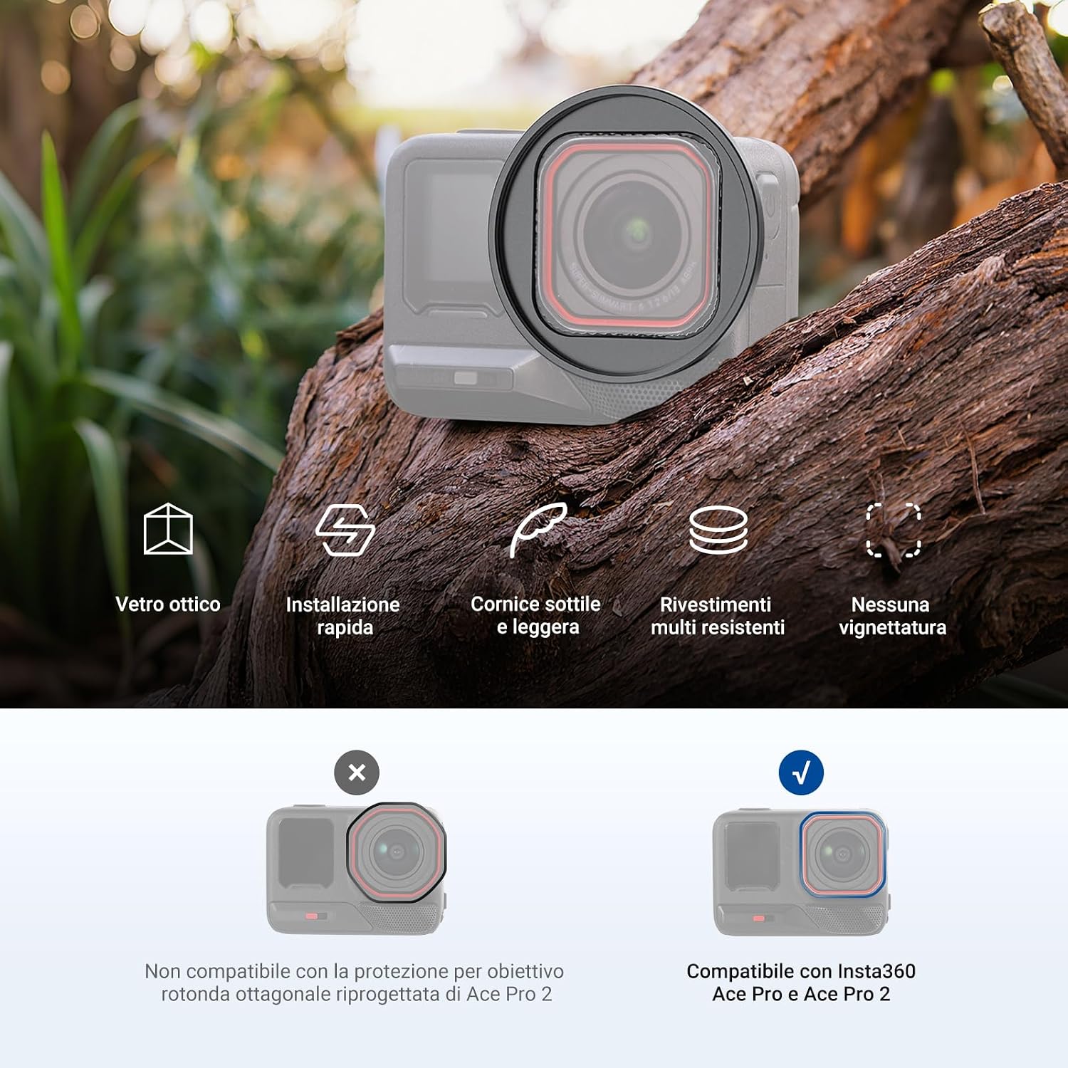 Detalle de NEEWER Anello adattatore filtro 49mm con copriobiettivo per Insta360 Ace Pro 1 / Ace Pro 2