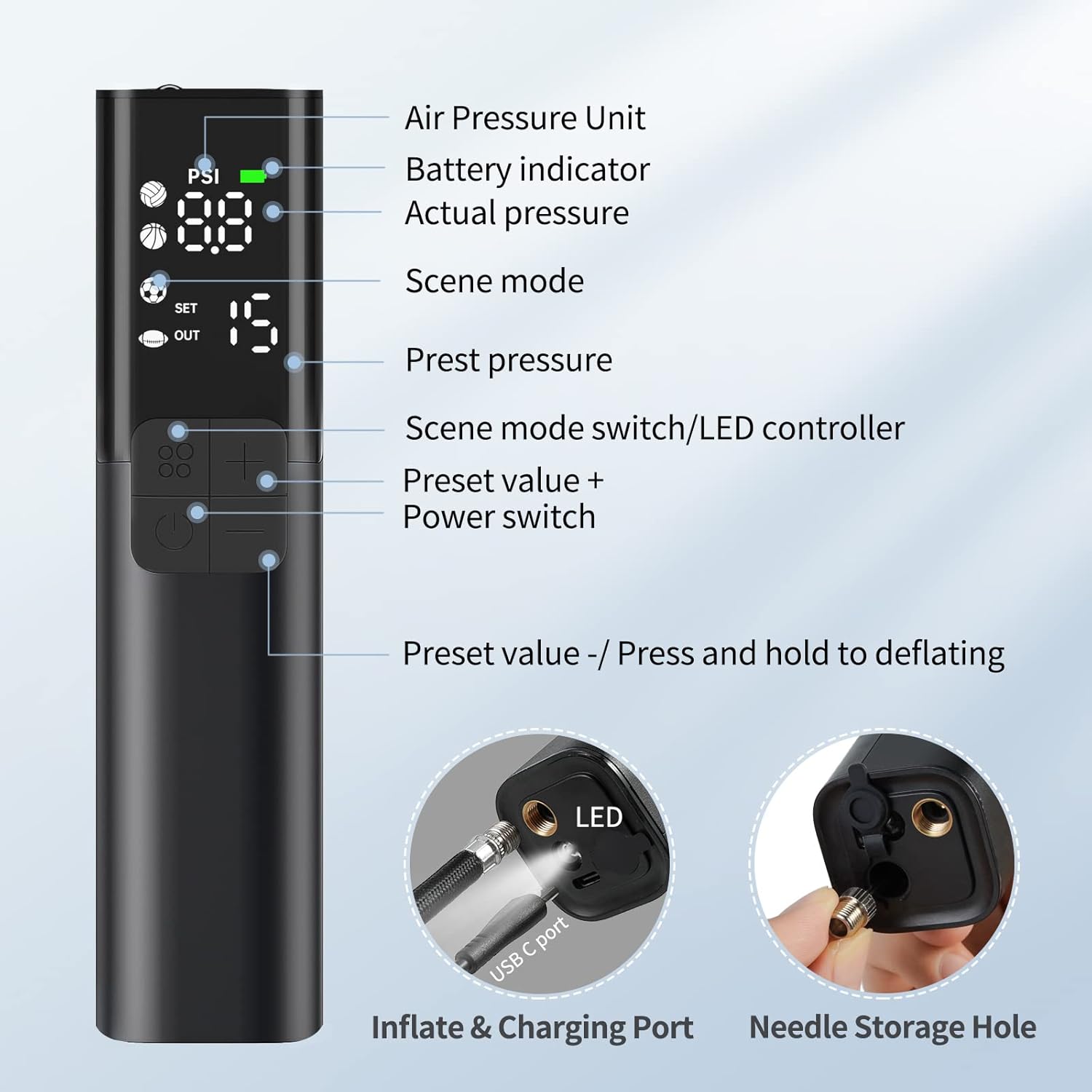 Detalle de Pumteck MY01 Electric Ball Pump with 4 Preset Modes, Pressure Gauge, Inflation & Deflation (Max 15 PSI)
