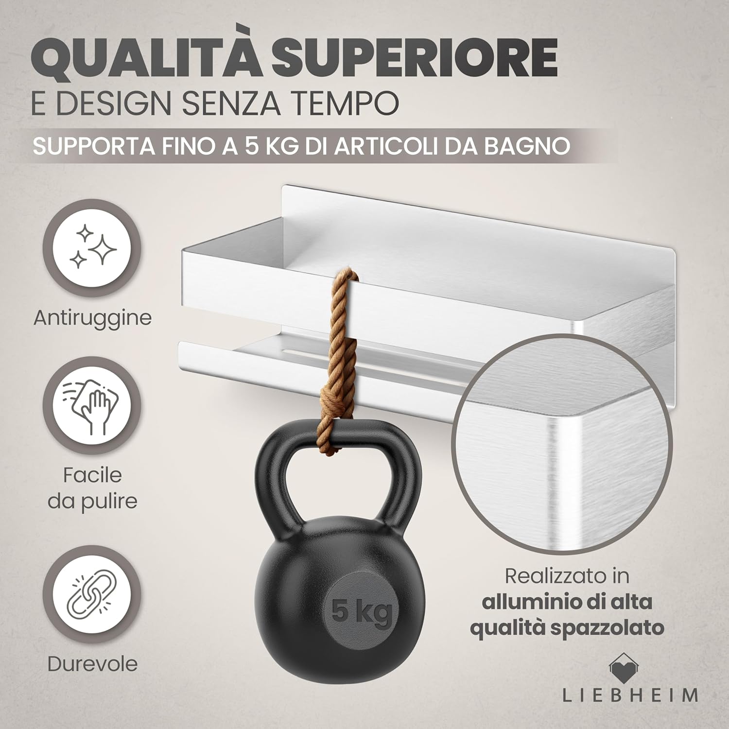 Detalle de LIEBHEIM Porta Sapone Doccia in alluminio spazzolato: mensola bagno senza foratura