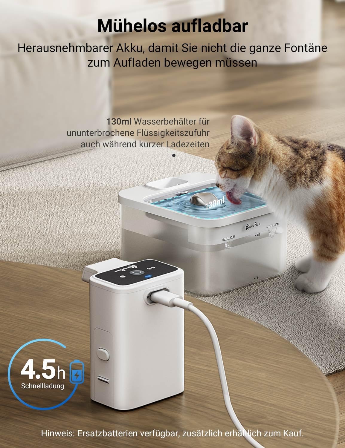 Detalle de DownyPaws Katzenbrunnen Kabellos 2,5L – Bewegungsmelder, Edelstahl, 4.000 mAh
